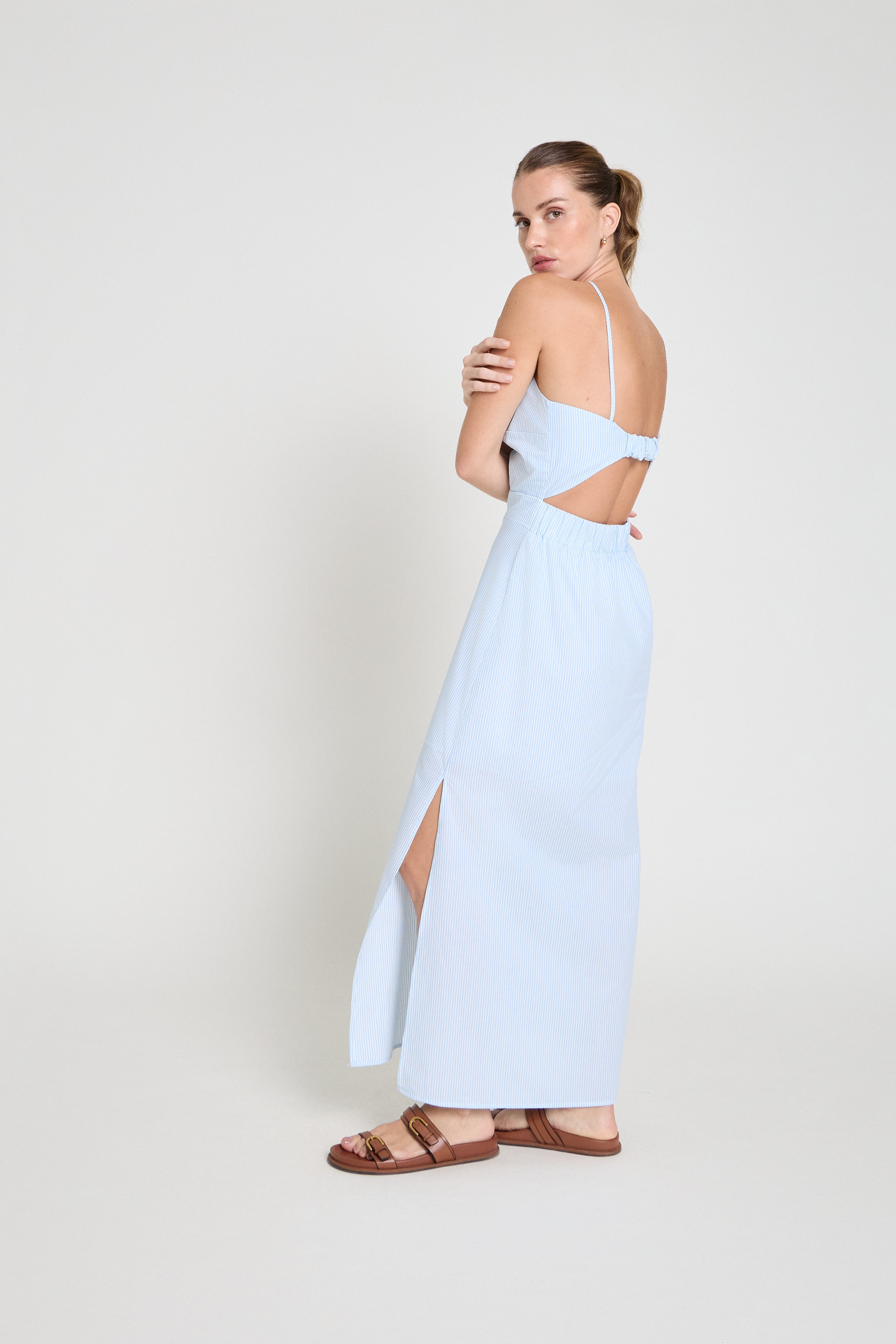Vestido de algodão listrado- Azul claro
