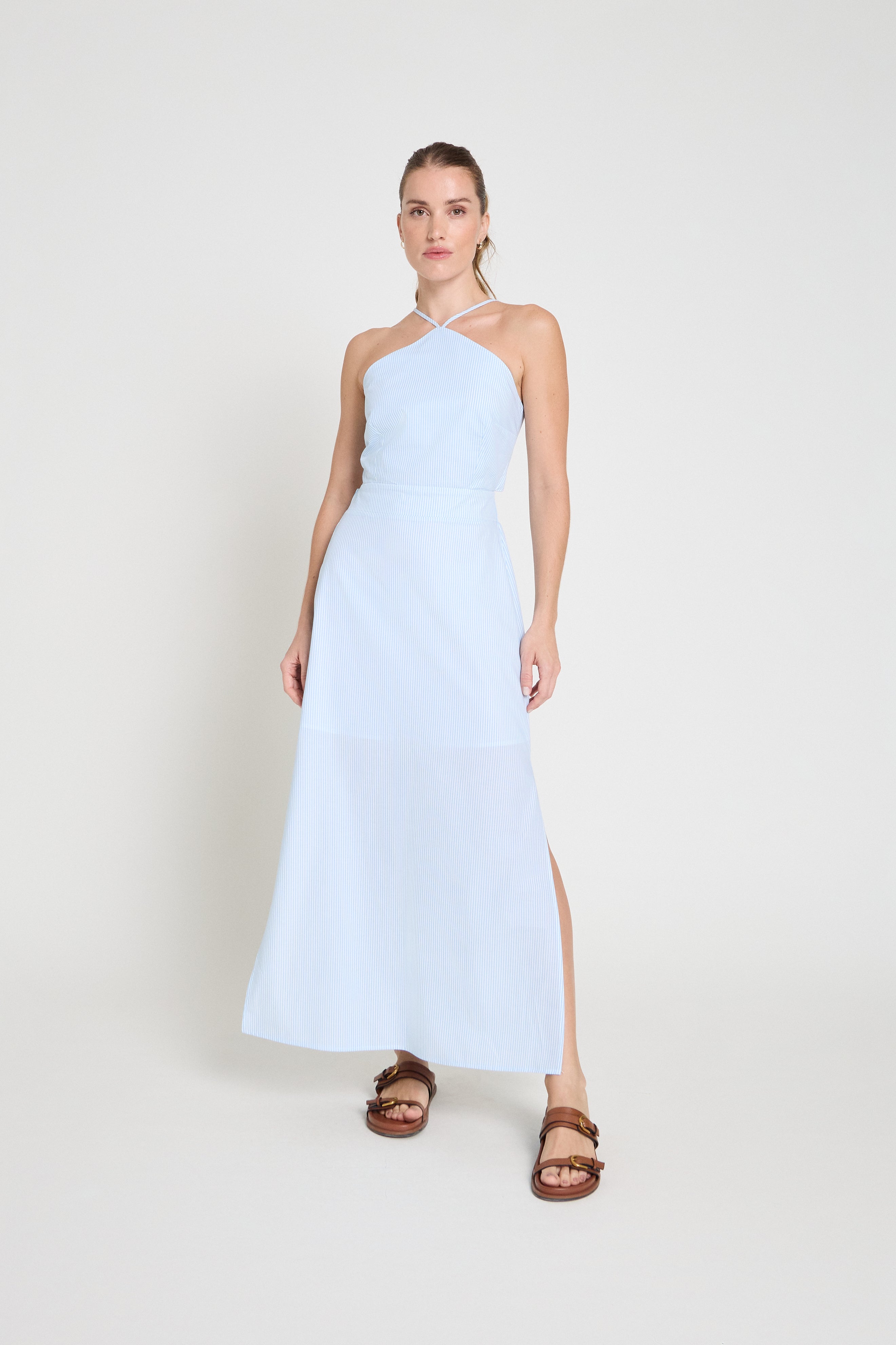 Vestido de algodão listrado- Azul claro