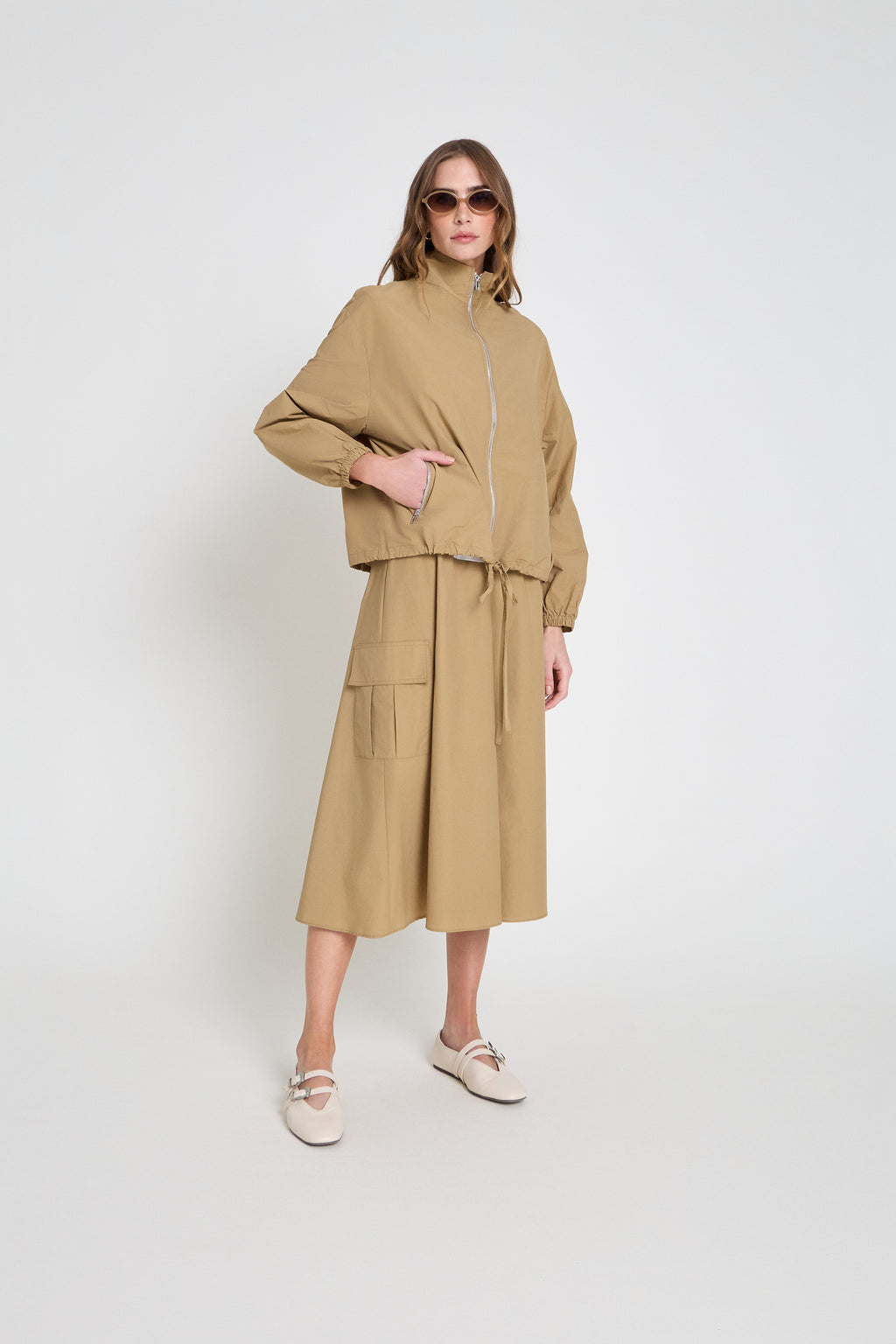 Saia em nylon midi- Camelo