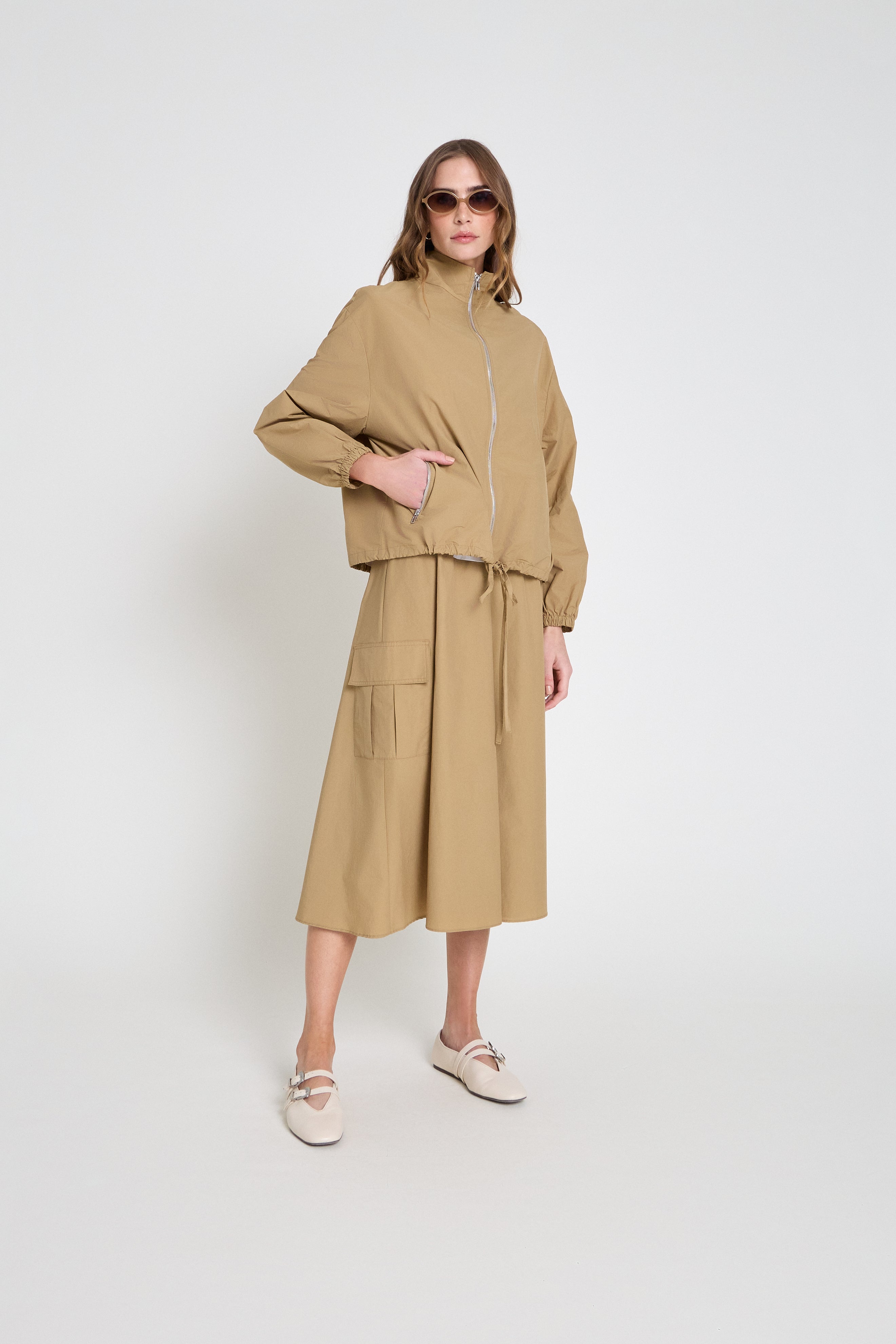Saia em nylon midi- Camelo