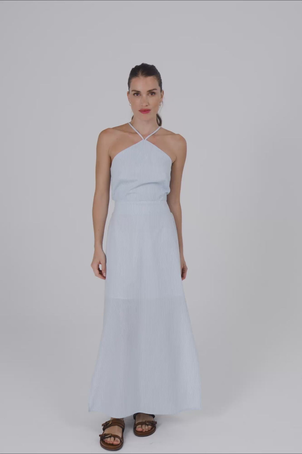 Vestido em tricoline listrado - Azul claro