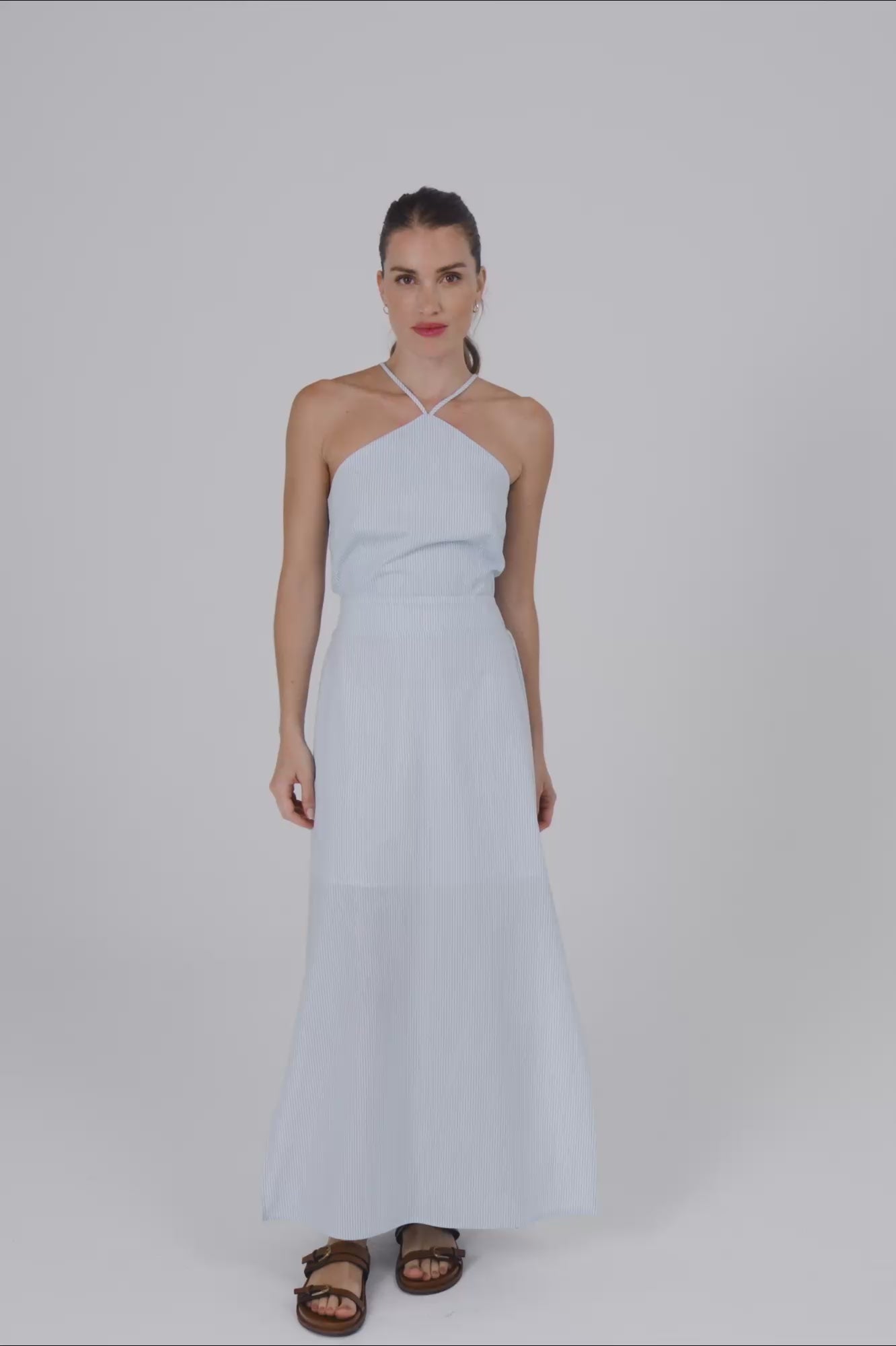 Vestido em tricoline listrado - Azul claro