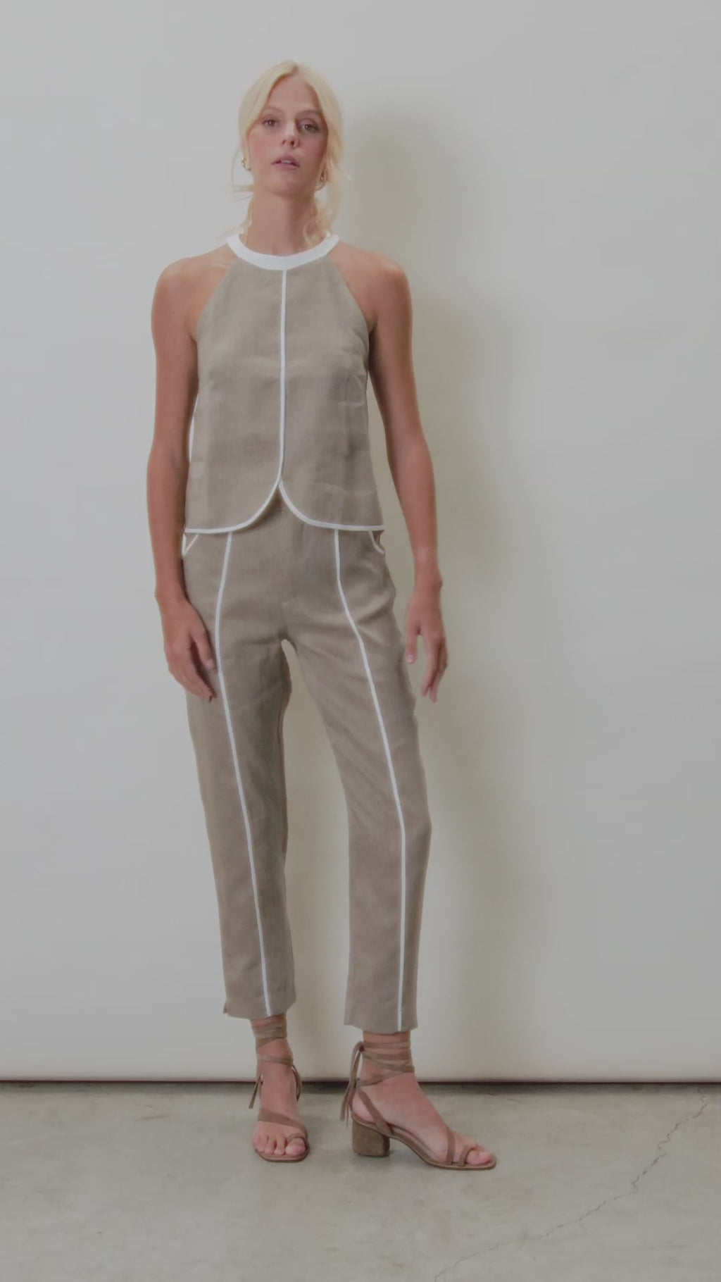 Calça De Linho Com Detalhe Bicolor - Bege