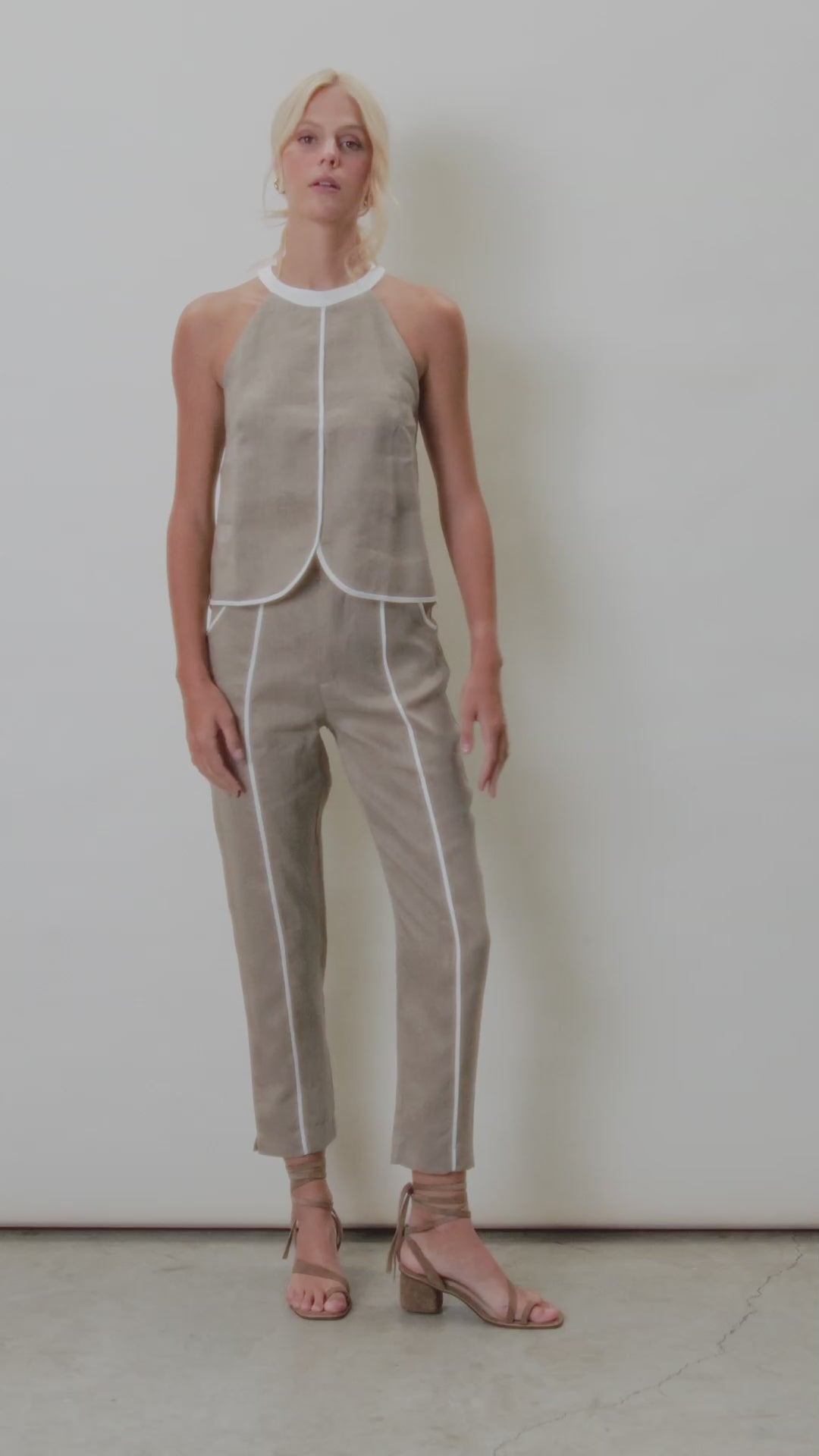 Calça De Linho Com Detalhe Bicolor - Bege