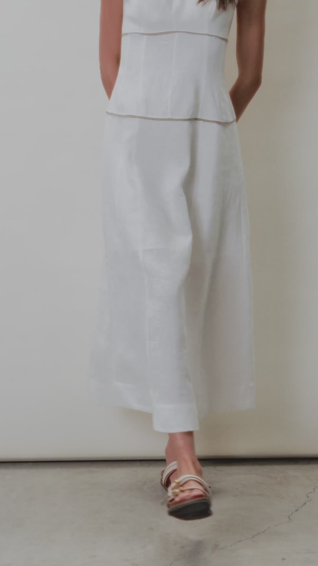 Vestido Midi Linho Com Detalhe Bicolor - Off-white